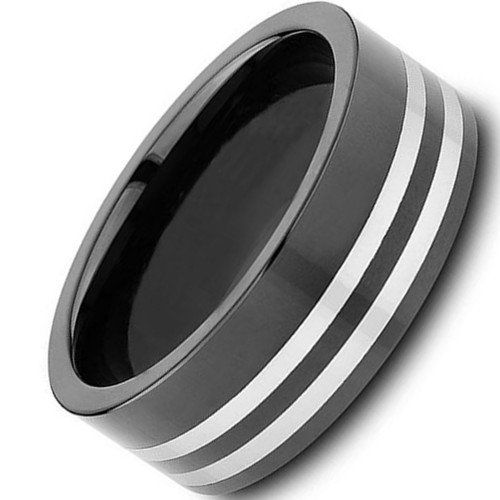 8MM Mens Plated Black Tungsten Ring Silver Stripes Carbide Wedding Bands Carbon Fiber Personalized