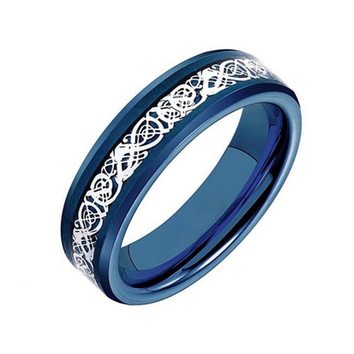 Mens Womens 6MM Tungsten Carbide Rings Dragon Pattern Inlaid Blue Carbon Fiber Comfort Fit Fashion Couple Wedding Bands