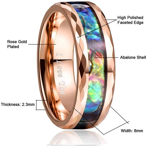 Mens Womens Rose Gold Abalone Shell Tungsten Carbide Rings Unisex Engraved Carbon Fiber Wedding Bands