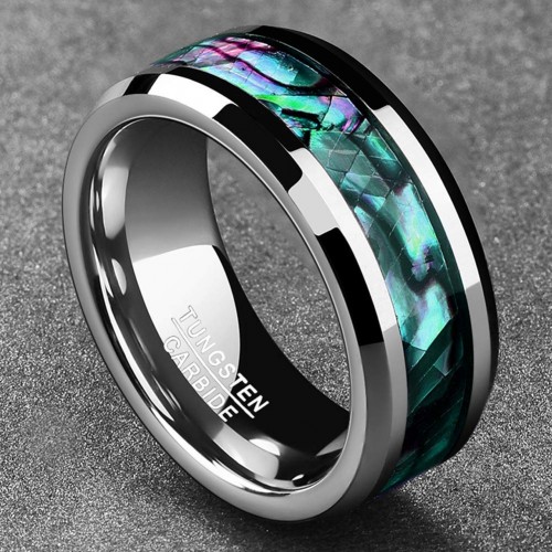 Mens Womens Tungsten carbide Rings Couple Wedding Bands Carbon Fiber with Abalone Shell Inlay Beved