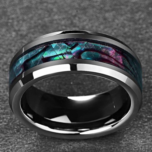 Mens Womens Tungsten carbide Rings Couple Wedding Bands Carbon Fiber with Abalone Shell Inlay Beved
