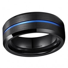 Women's Or Men's Tungsten carbide Matching Rings Couple Wedding Bands Carbon Fiber Black Matte Finish with Blue Line 