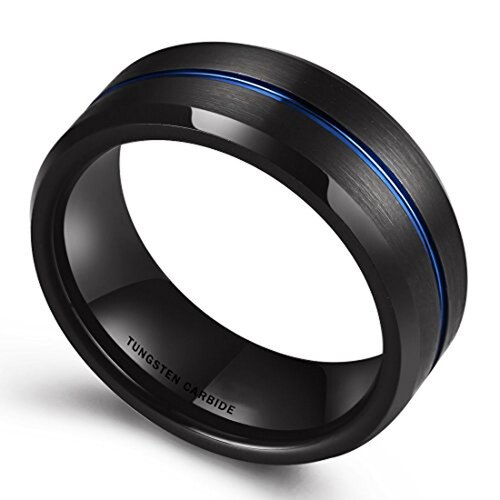 Women's Or Men's Tungsten carbide Matching Rings Couple Wedding Bands Carbon Fiber Black Matte Finish with Blue Line 