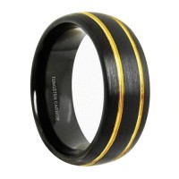 Women's Or Men's Tungsten Carbide Wedding Band Rings,Duo Tone Black and Yellow Gold,Double Line Groove Top Carbon Fiber