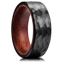  Women's Or Men's Black Hammered Finish Tungsten Carbide Rings Wedding Bands Wood Inlay Carbon Fiber Couple