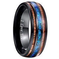 Tungsten Carbide Rings for Mens Womens Couple Wedding Bands Carbon Fiber Matching Black Tone Wood and Sea Blue Opal