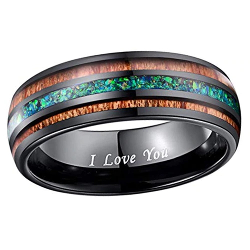 Tungsten Carbide Rings for Mens Womens Couple Wedding Bands Carbon Fiber Matching Black Tone Wood and Sea Green Opal