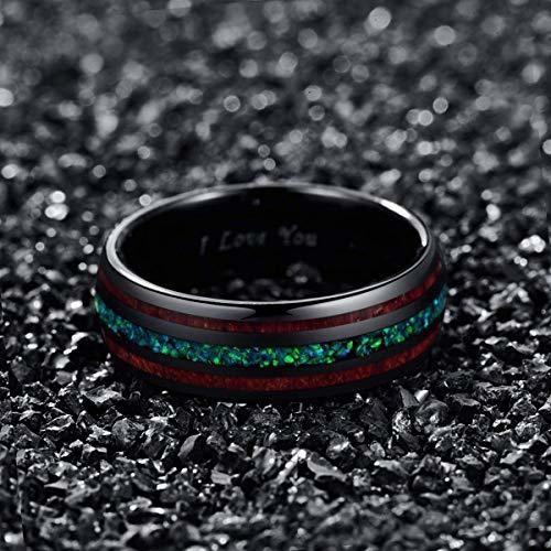 Tungsten Carbide Rings for Mens Womens Couple Wedding Bands Carbon Fiber Matching Black Tone Wood and Sea Green Opal