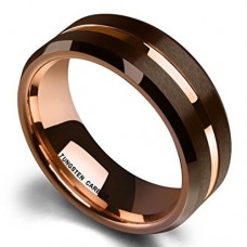 Women's Or Men's Tungsten carbide Rings Couple Wedding Bands Carbon Fiber Brown Matte Finish Beveled with Rose Gold
