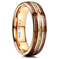 Mens Womens Tungsten Carbide Matching Rings Carbon Fiber,Rose Gold Tone Wood and Rainbow Opal Wedding Bands