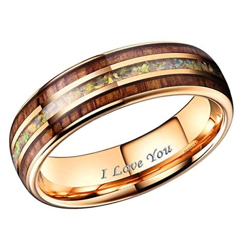 Mens Womens Tungsten Carbide Matching Rings Carbon Fiber,Rose Gold Tone Wood and Rainbow Opal Wedding Bands