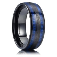 Women's or Men's Tungsten Carbide Wedding Band Rings,Black and Blue Tone with Maple Wood Inlay,High Polish Domed Top