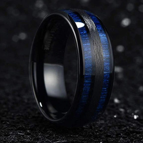Women's or Men's Tungsten Carbide Wedding Band Rings,Black and Blue Tone with Maple Wood Inlay,High Polish Domed Top