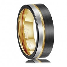 Mens Womens I Love You Tungsten Carbide Rings,Triple Tone Black,Gray and Yellow Gold Tone Striped Pattern Wedding Bands