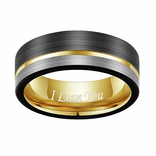 Mens Womens I Love You Tungsten Carbide Rings,Triple Tone Black,Gray and Yellow Gold Tone Striped Pattern Wedding Bands