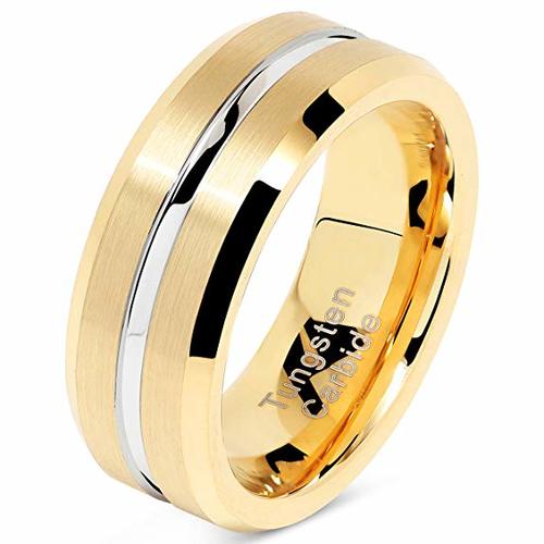 Women's or Men's Tungsten Carbide Wedding Bands Carbon Fiber Matching Rings,14K Yellow Gold Band With Silver Groove