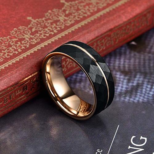 Women's or Men's Hammered Brushed Black Tungsten carbide Rings Couple Wedding Bands Carbon Fiber Comfort fit