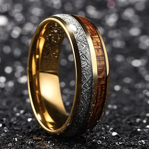 Mens Womens Engagement Tungsten carbide Matching Rings Couple Wedding Bands Carbon Fiber Domed Gold Bands with Wood