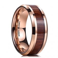  Mens Womens Wood Inlay and Rose Gold Tone Tungsten Carbide Rings with High Polish and Beveled Edges Couple Wedding Bands