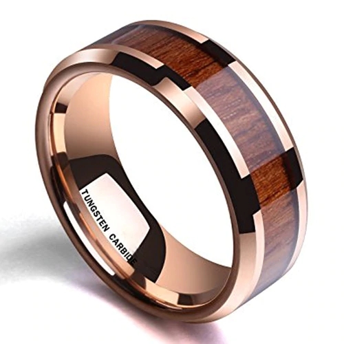  Mens Womens Wood Inlay and Rose Gold Tone Tungsten Carbide Rings with High Polish and Beveled Edges Couple Wedding Bands