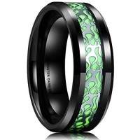 Black Tungsten Carbide Rings Women's Or Men's Silver Flame Pattern Inlaid Green Luminous Glowing Couple Wedding Bands Carbon Fiber