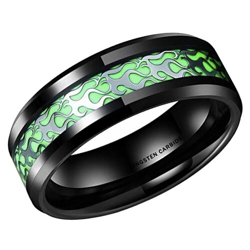 Black Tungsten Carbide Rings Women's Or Men's Silver Flame Pattern Inlaid Green Luminous Glowing Couple Wedding Bands Carbon Fiber