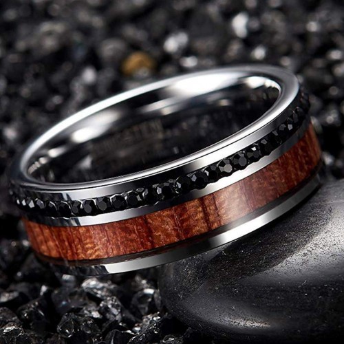  Tungsten carbide Matching Rings Mens Women Hawaiian Wood and Cubic Zirconia Inlay Couple Wedding Bands Carbon Fiber