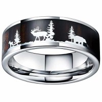 Tungsten Carbide Rings for Mens Womens Hunting Ring Deer Crossing Wedding Bands Carbon Fiber Silver with Deer Silhouette 