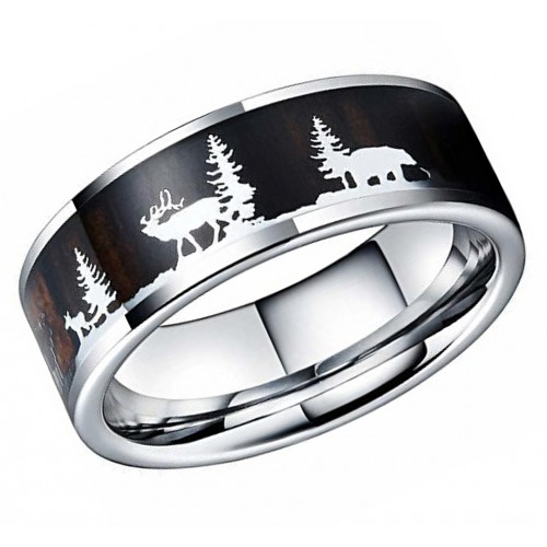 Tungsten Carbide Rings for Mens Womens Hunting Ring Deer Crossing Wedding Bands Carbon Fiber Silver with Deer Silhouette 