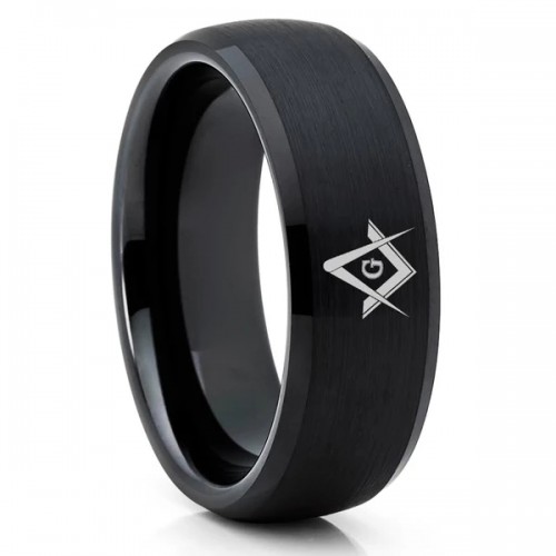 Women's Men's Tungsten carbide Matching Rings Dome Beveled Rings Masonic Wedding Bands- Black Brush Polish Carbon Fiber 