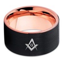Women's or Men's Tungsten Carbide Masonic Rings Wedding Band Engraved Carbon Fiber Black And Rose Gold Pipe Cut