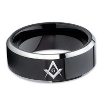 Mens Womens Masonic Tungsten Ring Black Shiny Polish Carbon Fiber Couple Wedding Bands Comfort Fit