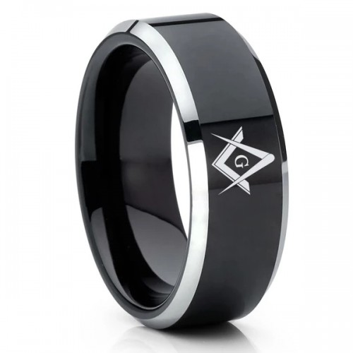 Mens Womens Masonic Tungsten Ring Black Shiny Polish Carbon Fiber Couple Wedding Bands Comfort Fit