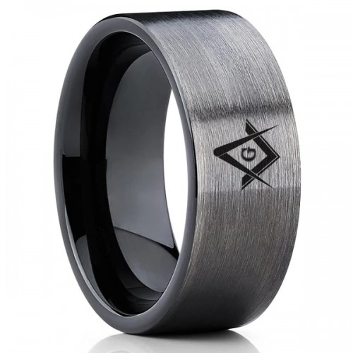 Tungsten Carbide Rings Women's or Men's Masonic Couple Wedding Bands Carbon Fiber Gunmetal Brush Polish Comfort fits