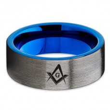 Women's or Men's Couple Masonic Wedding Bands - Blue And Gray Silver Tungsten carbide Matching Rings Carbon Fiber