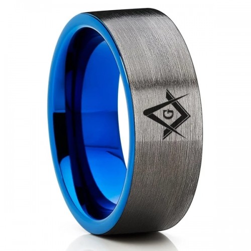 Women's or Men's Couple Masonic Wedding Bands - Blue And Gray Silver Tungsten carbide Matching Rings Carbon Fiber