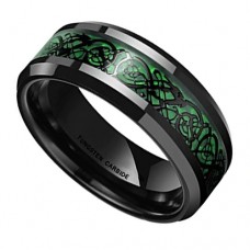 Tungsten Carbide Rings for Mens Womens Black with Green Celtic Dragon Knot Wedding Bands Carbon Fiber Inner and Out