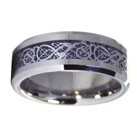 Tungsten Carbide Rings Men's Womens Black with Purple Celtic Dragon Knot Wedding Bands Carbon Fiber Outer Silver