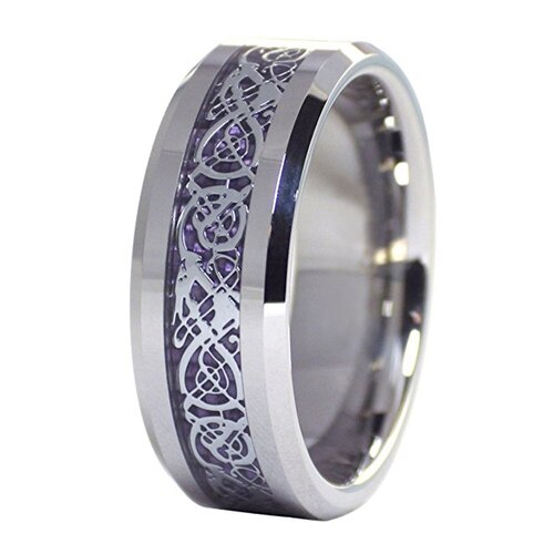 Tungsten Carbide Rings Men's Womens Black with Purple Celtic Dragon Knot Wedding Bands Carbon Fiber Outer Silver