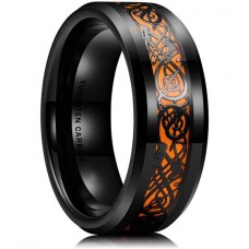 Women's or Men's Engraved Custom Tungsten Celtic Dragon Knot Rings Black With Orange Resin Inlay Tungsten Carbide Wedding Band