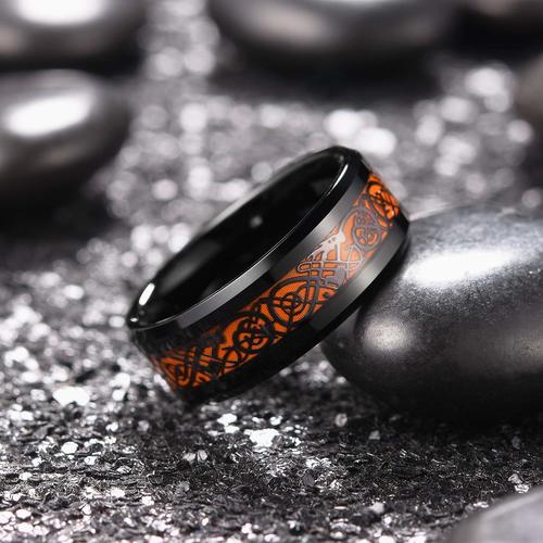 Women's or Men's Engraved Custom Tungsten Celtic Dragon Knot Rings Black With Orange Resin Inlay Tungsten Carbide Wedding Band