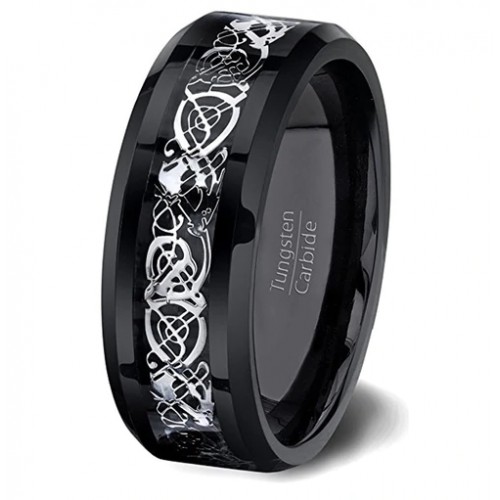 Tungsten Carbide Rings Women's or Men's Black and Silver Celtic Dragon Knot Rings Carbon Fiber Couples Wedding Bands Comfort fits