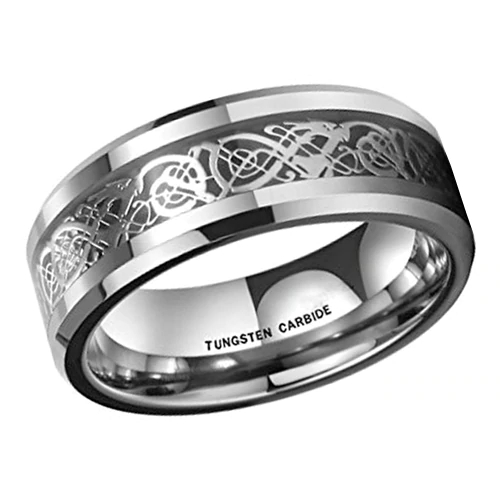 Silver And Black Women Or Men's Celtic Dragon Knot Carbon Fiber Tungsten Carbide Wedding Band Rings
