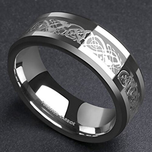 Silver And Black Women Or Men's Celtic Dragon Knot Carbon Fiber Tungsten Carbide Wedding Band Rings