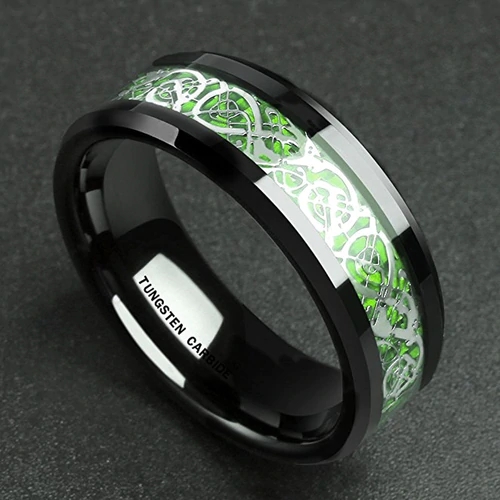 Black Resin Inlay Silver and Bright Green Celtic Dragon Knot Women Or Men's Tungsten Carbide Rings Wedding Bands