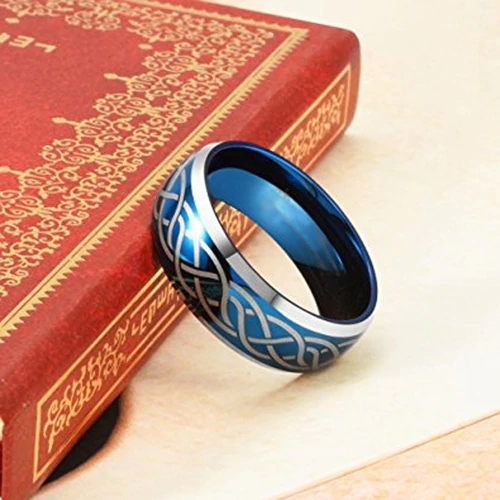 Blue Tungsten Carbide Rings Carbon Fiber With Laser Etched Celtic Knot Women Or Men's Couples Wedding Bands