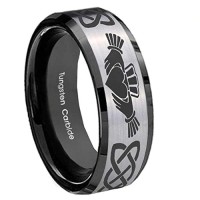 Men's or Women's Irish Claddagh Tungsten carbide Matching Rings Embrace Love Heart Couple Wedding Bands Silver Top with Black