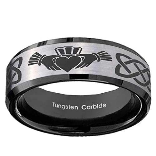 Men's or Women's Irish Claddagh Tungsten carbide Matching Rings Embrace Love Heart Couple Wedding Bands Silver Top with Black