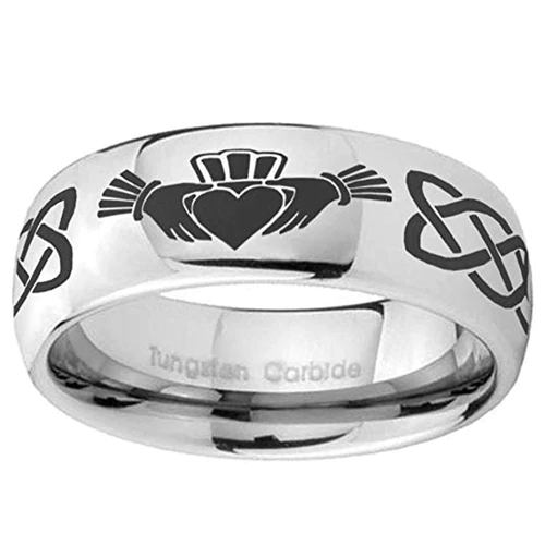 Men's or Women's Irish Claddagh Tungsten Carbide Rings Embrace Love Heart Couple Wedding Bands Silver and Black Laser