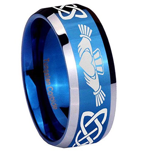 Men's or Women's Blue and Silver Irish Claddagh Tungsten Carbide Rings Embrace Love Heart Couples Wedding Bands